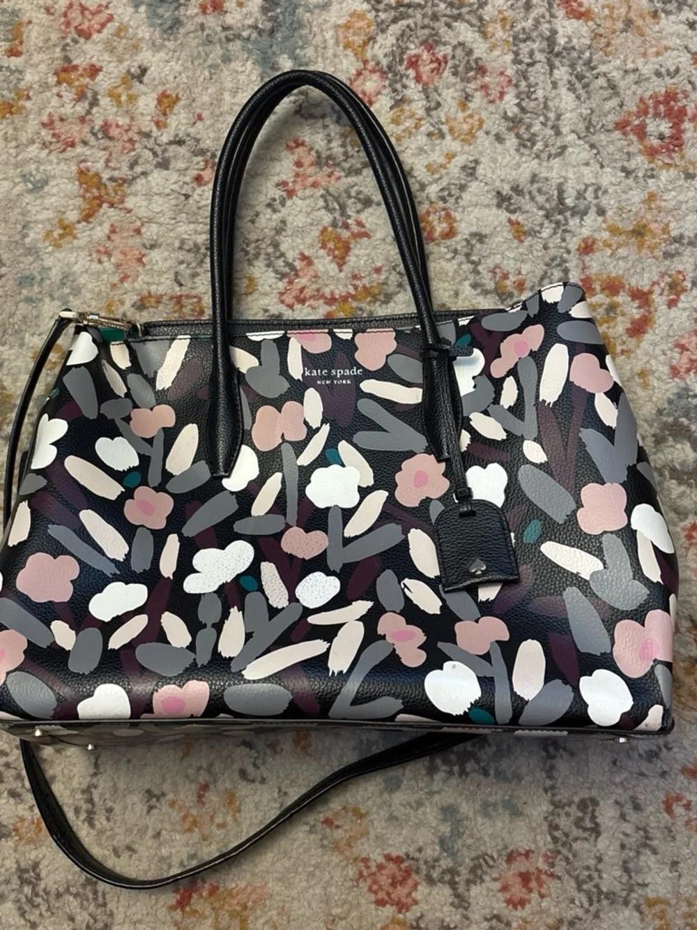 kate spade Black Floral-Abstract Leather Tote with Pink and Gray Accents